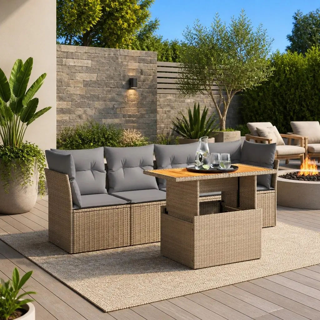 Beige 5 Piece Outdoor Sofa Set with Cushions