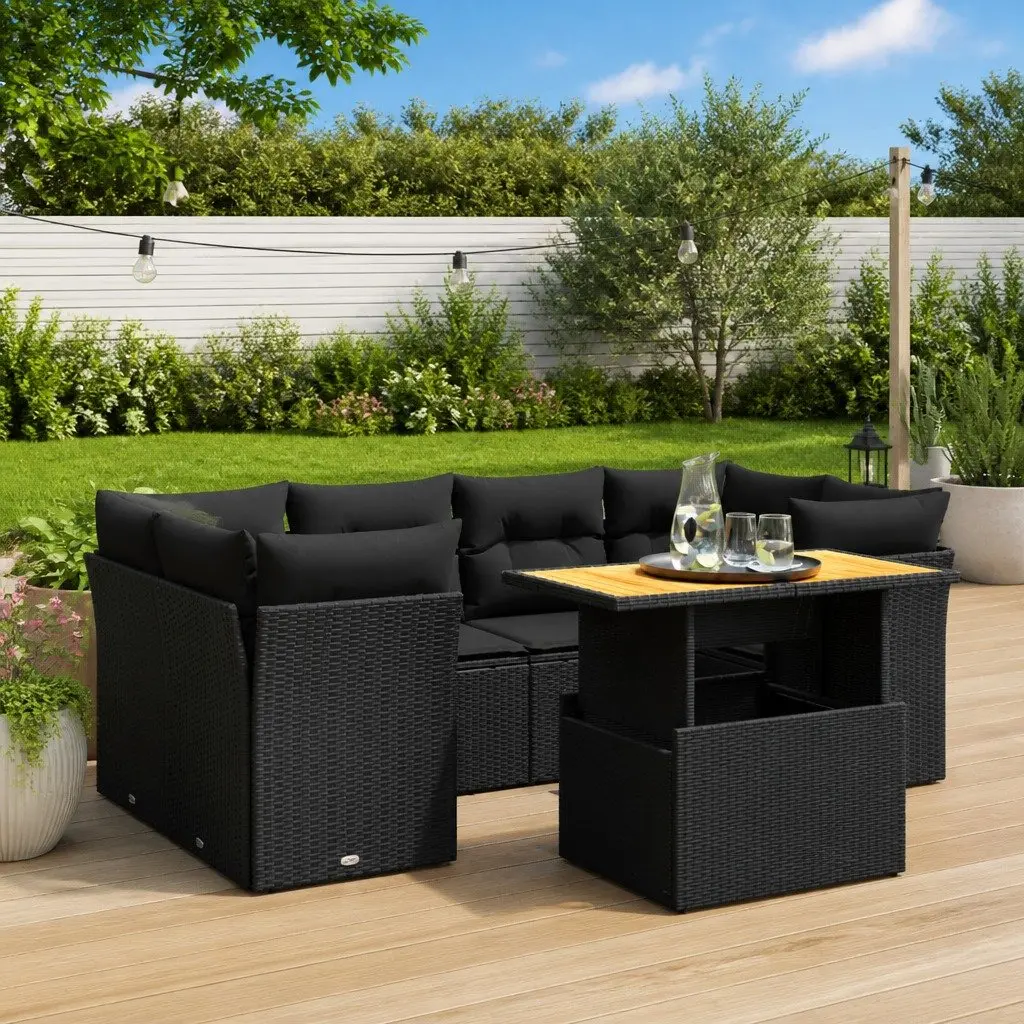 7 Piece Garden Sofa Set PE Rattan Black with Cushions