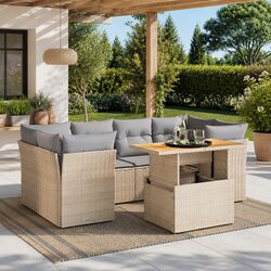 Beige Poly Rattan 7 Piece Garden Sofa Set with Cushions