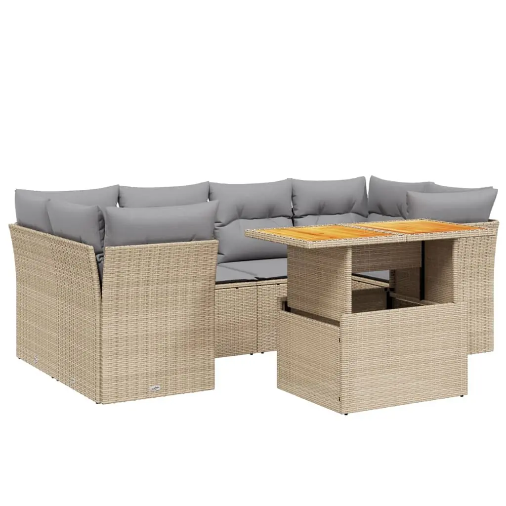 Beige Poly Rattan 7 Piece Garden Sofa Set with Cushions
