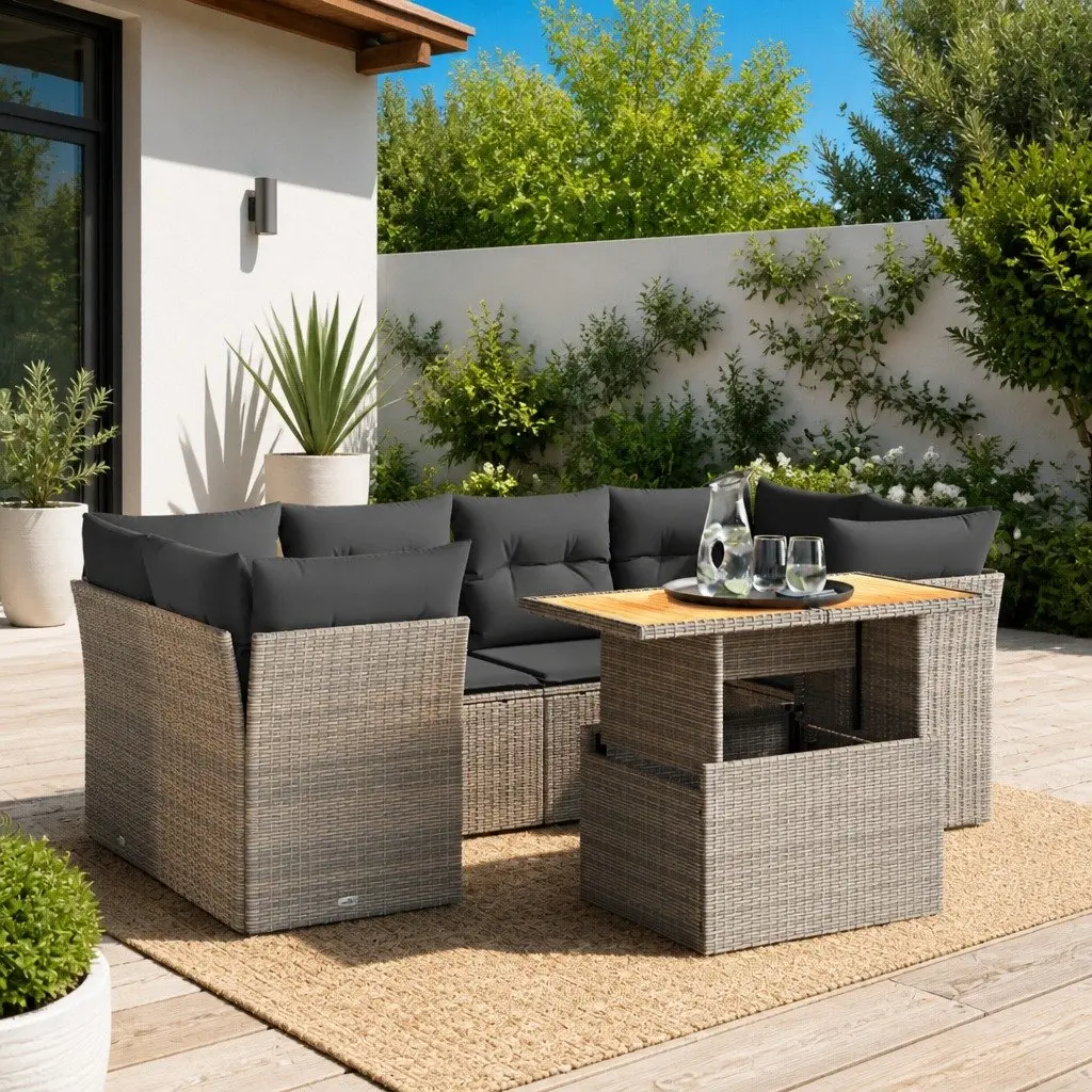 Garden Sofa Set PE Rattan 7 Piece Outdoor Furniture Grey with Cushions
