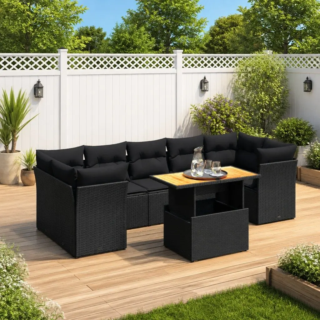 8-Piece Black Poly Rattan Modular Garden Sofa Set