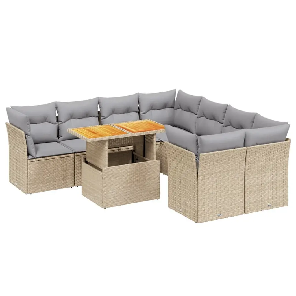 9 Piece Garden Sofa Set PE Rattan Beige with Cushions