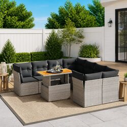 9-Piece Grey Poly Rattan Garden Sofa Set for Outdoor Living