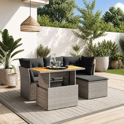 6-Piece Grey Poly Rattan Garden Sofa Set with Cushions
