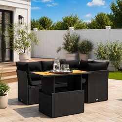 Black Poly Rattan Garden Sofa Set 5 Piece Outdoor Furniture