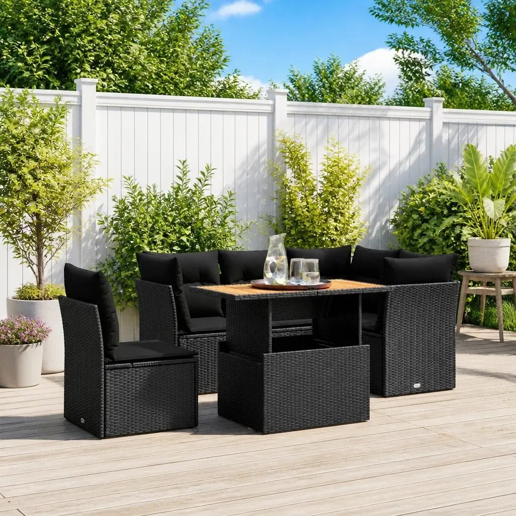 5 Piece Garden Sofa Set Poly Rattan Black Cushions