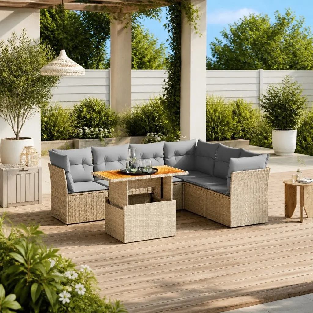 Beige Poly Rattan 7 Piece Garden Sofa Set for Outdoors