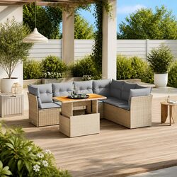 Beige Poly Rattan 7 Piece Garden Sofa Set for Outdoors