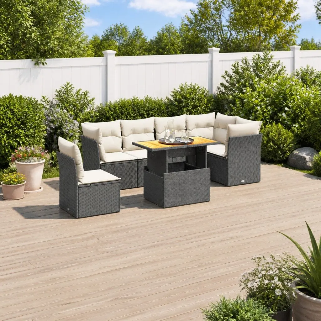 7 Piece Garden Sofa Set PE Rattan Black Outdoor Patio Furniture with Cushions