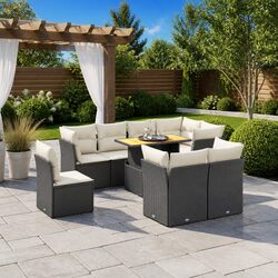 9-Piece Black Poly Rattan Garden Sofa Set with Cushions