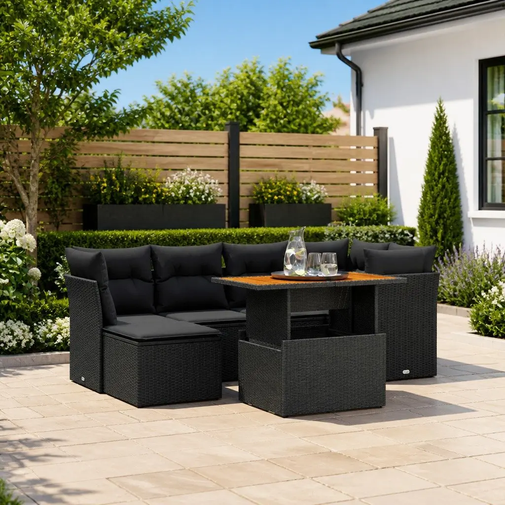 7 Piece Black Garden Sofa Set with Cushions