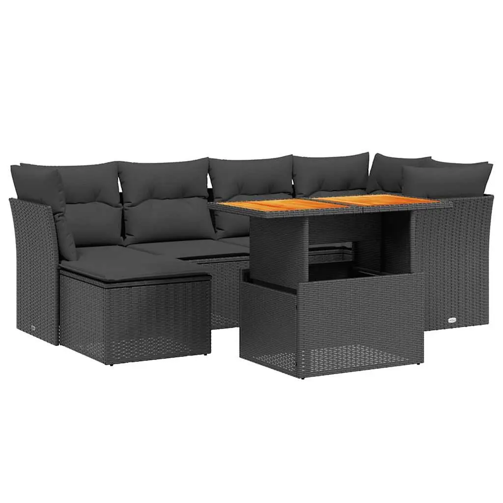 7 Piece Black Garden Sofa Set with Cushions