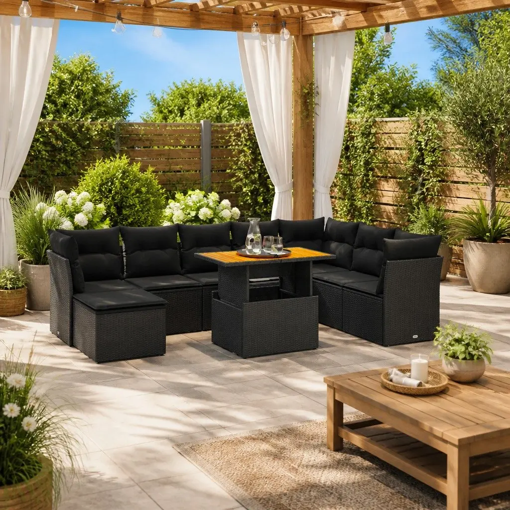 9 Piece Black Poly Rattan Garden Sofa Set