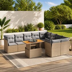 Beige Poly Rattan 10-Piece Outdoor Sofa Set with Cushions