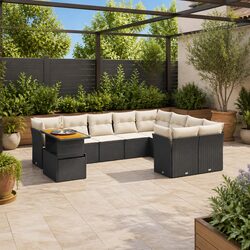 10-Piece Black Poly Rattan Garden Sofa Set with Cushions