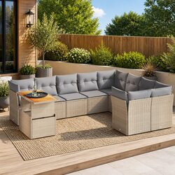 Beige 10-Piece Outdoor Garden Sofa Set with Adjustable Table