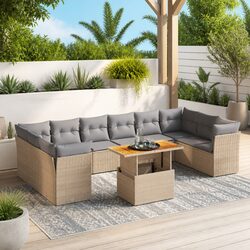 Beige Poly Rattan 11-Piece Garden Sofa Set for Outdoor Relaxation