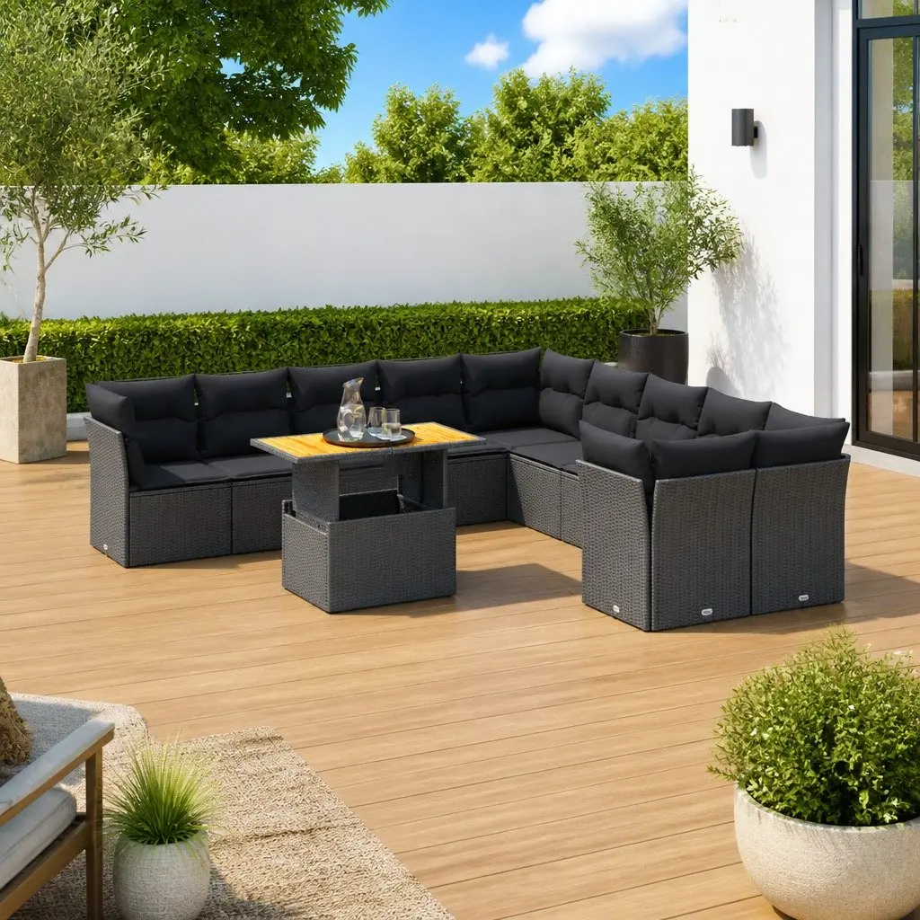 Garden Sofa Set PE Rattan 11 Piece Black Outdoor Furniture with Cushions