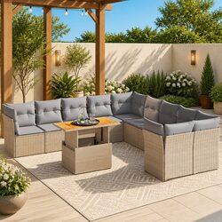 Beige 11-Piece Outdoor Garden Sofa Set with Cushions