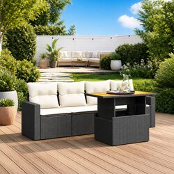 5 Piece Outdoor Sofa Set in Black Poly Rattan with Cushions