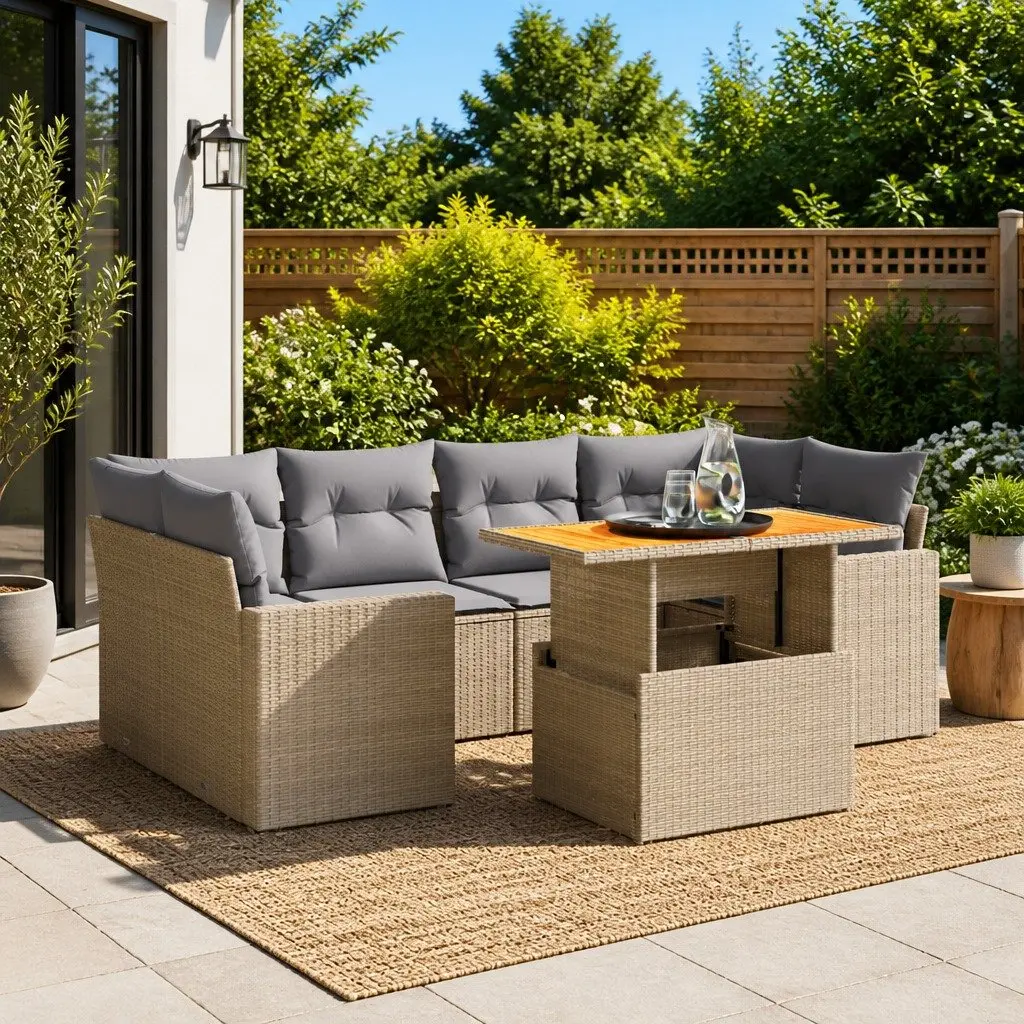 Garden Sofa Set PE Rattan 7 Piece Modular Outdoor Furniture Patio Beige