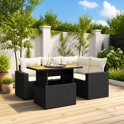5-Piece Black Poly Rattan Garden Sofa Set