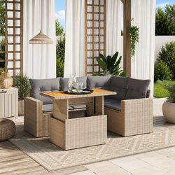 5-Piece Beige Poly Rattan Outdoor Sofa Set with Cushions