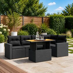 6-Piece Black Poly Rattan Garden Sofa Set