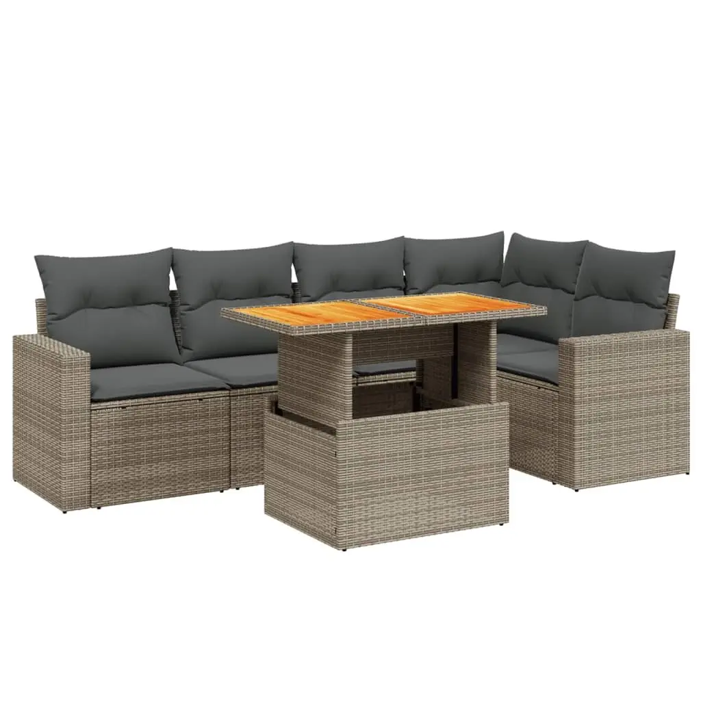6 Piece Grey Poly Rattan Garden Sofa Set with Adjustable Table