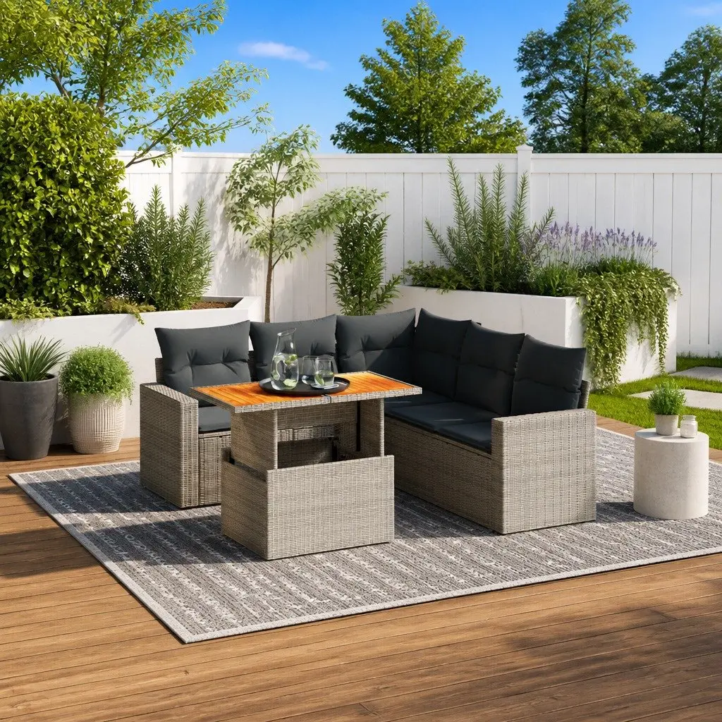 6 Piece Garden Sofa Set PE Rattan Grey with Adjustable Dining Table