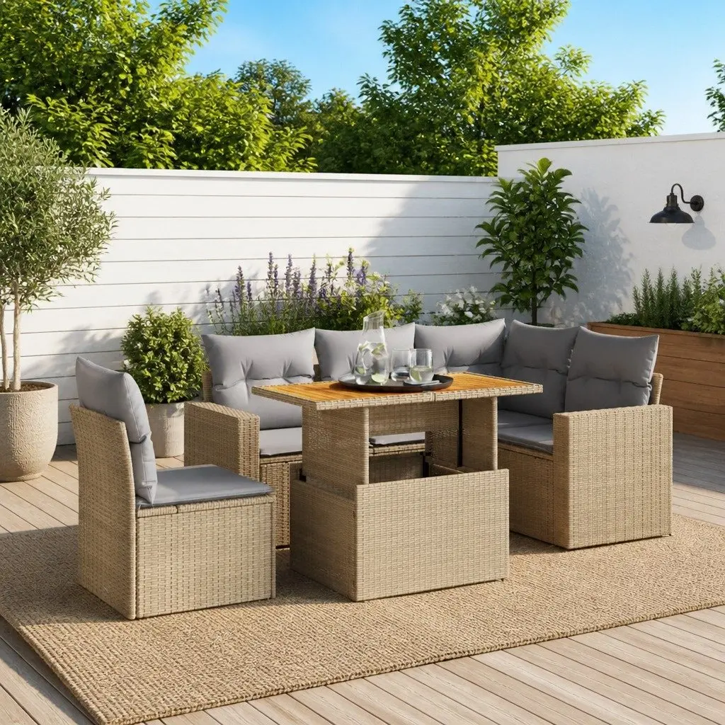 Garden Sofa Set PE Rattan 6 Piece Outdoor Furniture Patio Beige with Cushions
