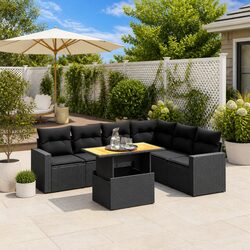 7 Piece Modular Black Poly Rattan Sofa Set with Cushions