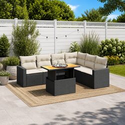 7 Piece Black Rattan Garden Sofa Set with Cushions