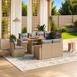 Durable 9-Piece Garden Sofa Set in Beige Poly Rattan