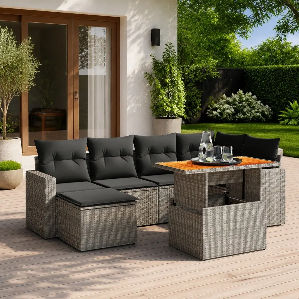 7 Piece Garden Sofa Set PE Rattan Grey Outdoor Furniture Modular Patio Lounge