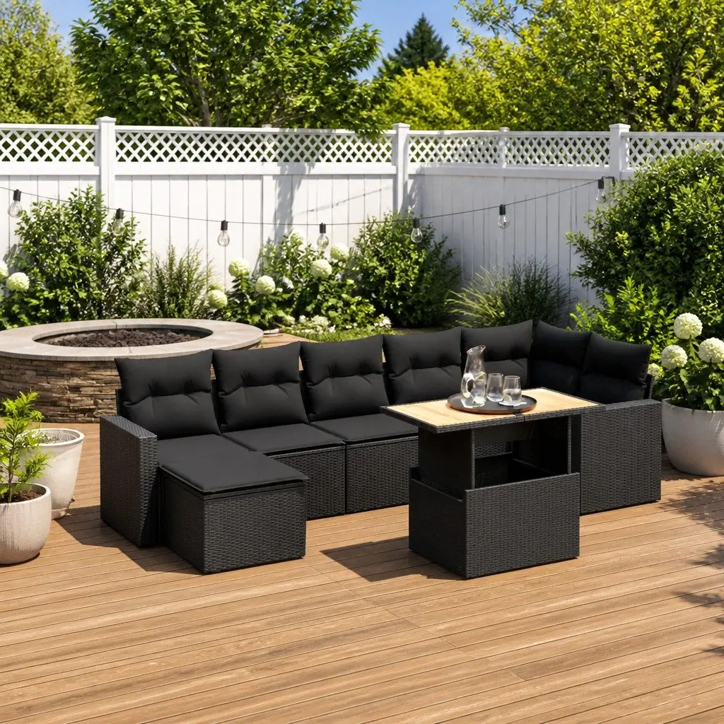 Garden Sofa Set PE Rattan 8 Piece Outdoor Patio Furniture Black with Cushions