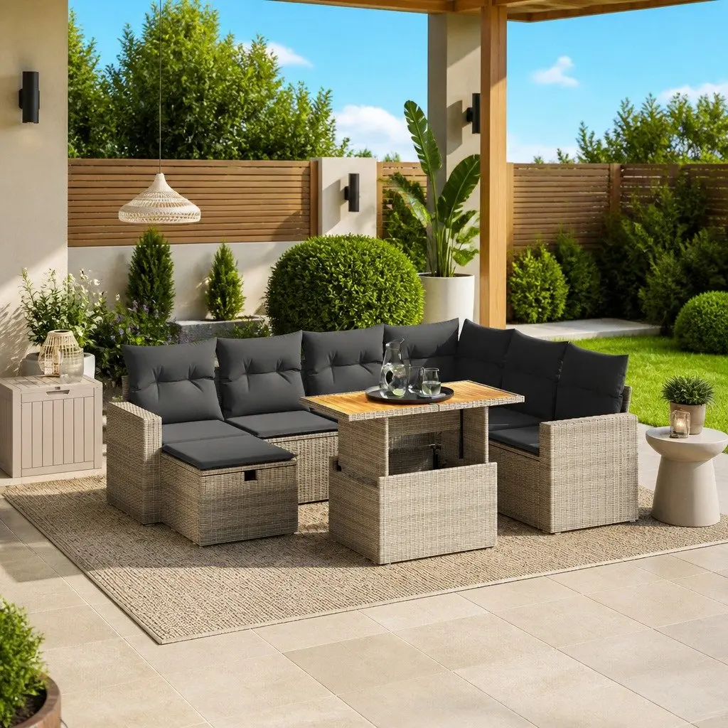 8-Piece Grey Poly Rattan Garden Sofa Set