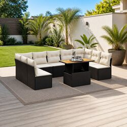 10 Piece Black Rattan Garden Sofa Set with Cushions