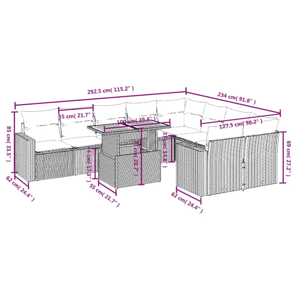 Modular 10 Piece Grey Poly Rattan Outdoor Sofa Set