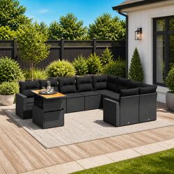 10-Piece Outdoor Garden Sofa Set in Black Poly Rattan