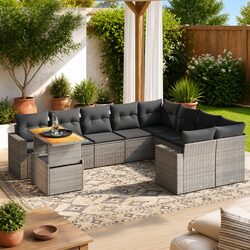 Durable 10 Piece Grey Poly Rattan Garden Sofa Set
