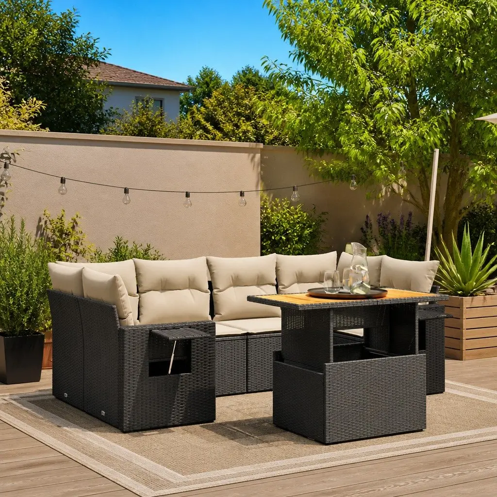 7-Piece Black Garden Sofa Set with Cushions