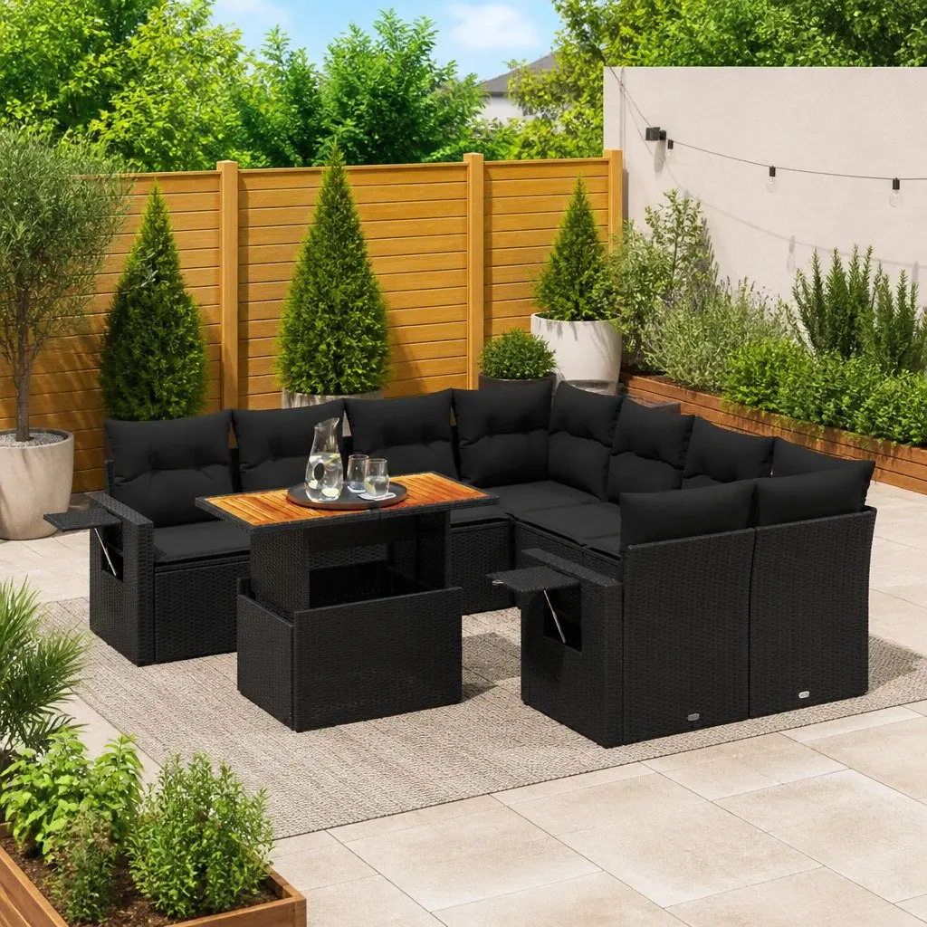 9 Piece Garden Sofa Set PE Rattan Black Outdoor Furniture
