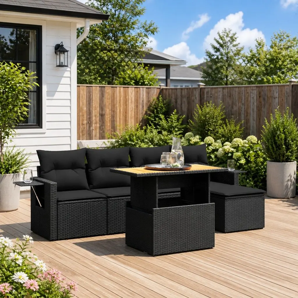Garden Sofa Set PE Rattan 6 Piece Modular Black Outdoor Furniture