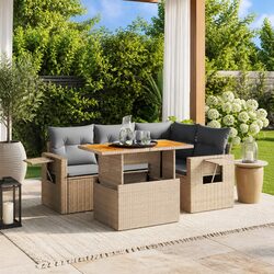 Beige 5-Piece Poly Rattan Outdoor Sofa Set with Cushions
