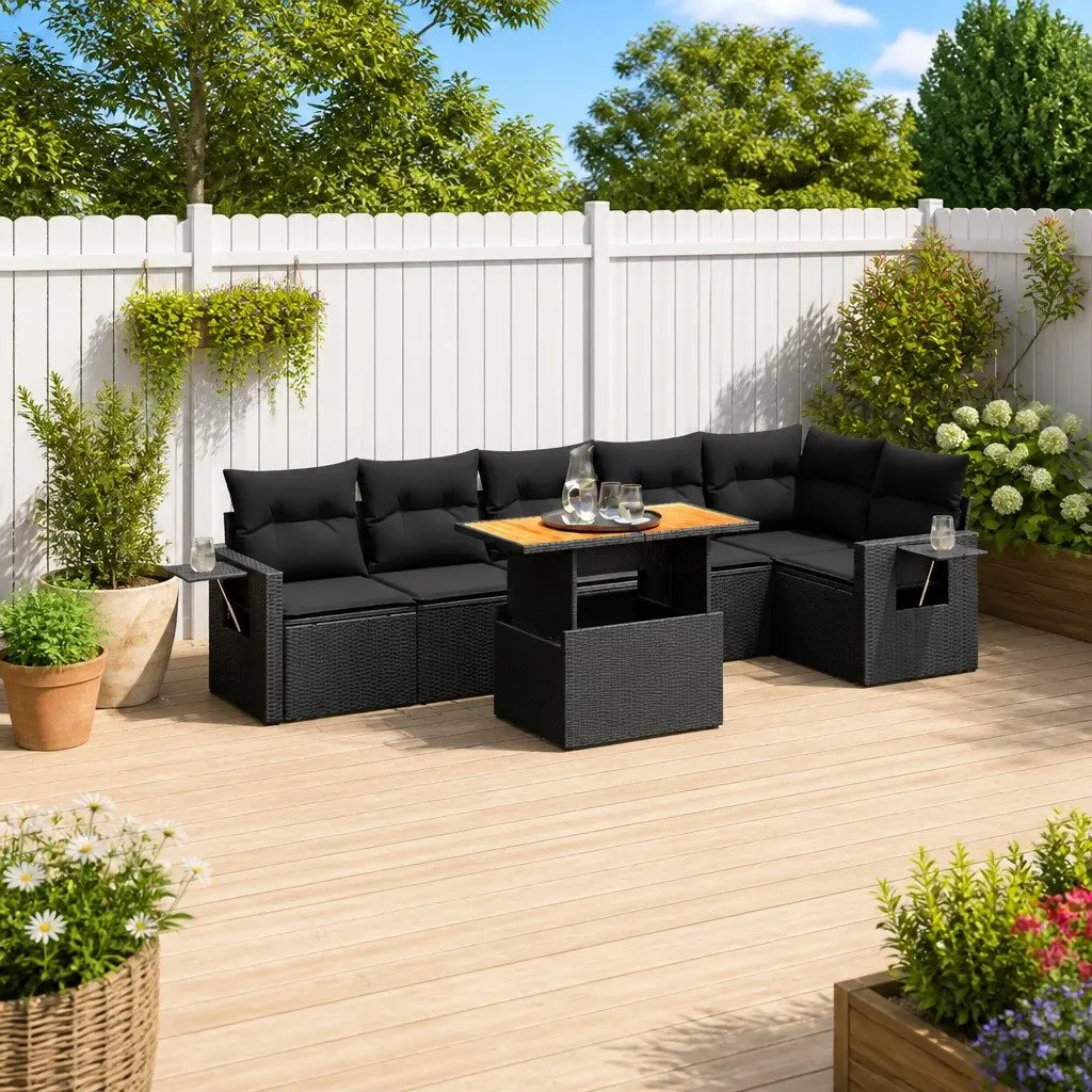 7 Piece Garden Sofa Set PE Rattan Modular Outdoor Furniture Black