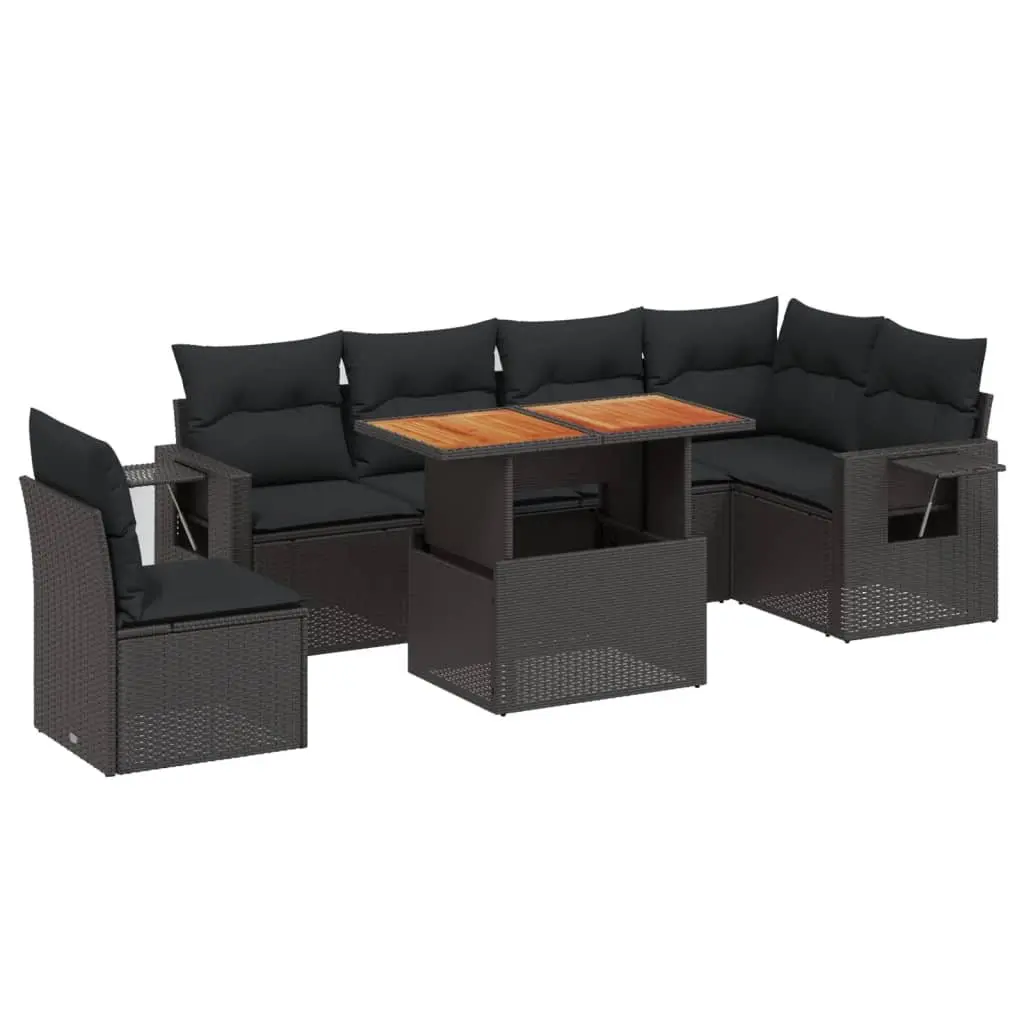 7 Piece Garden Sofa Set PE Rattan Black with Cushions