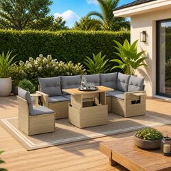 7 Piece Modular Patio Furniture Set with Cushions - Beige