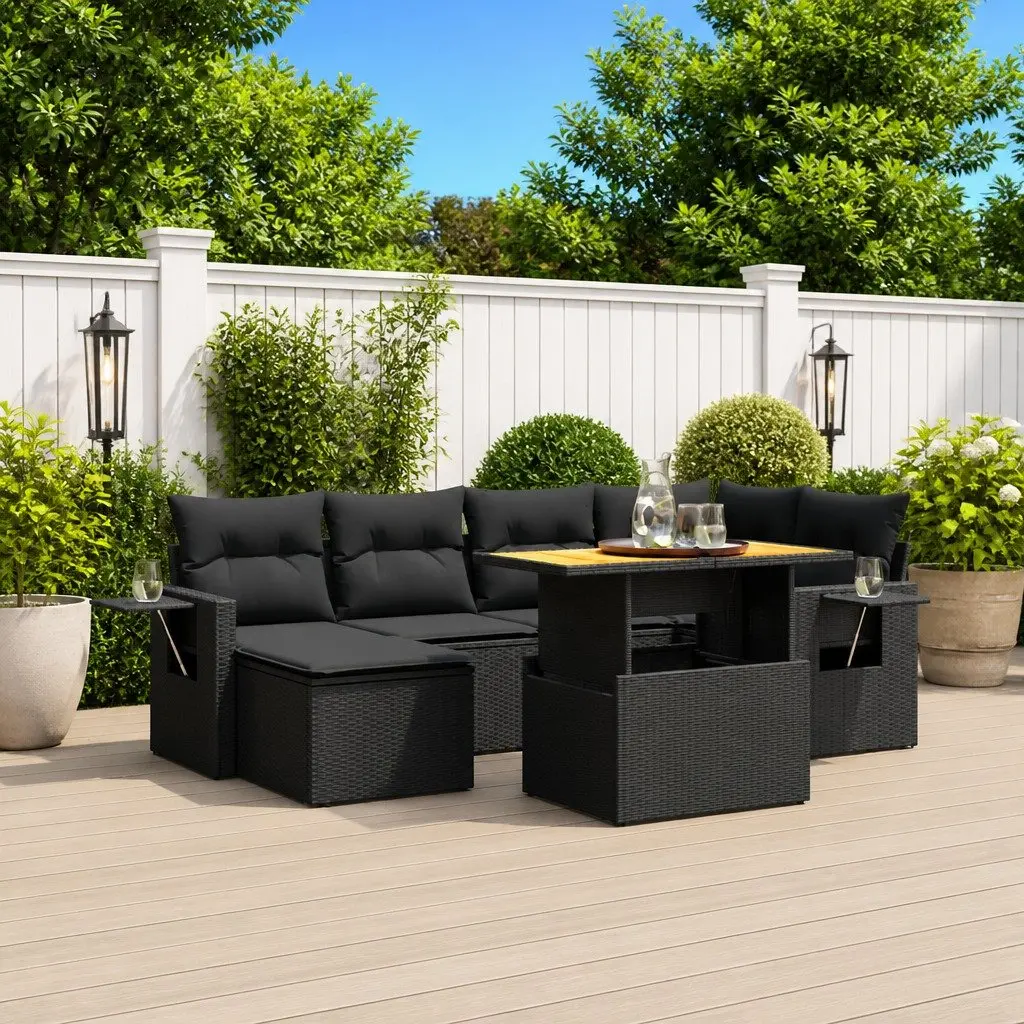 7 Piece Black Garden Sofa Set with Cushions
